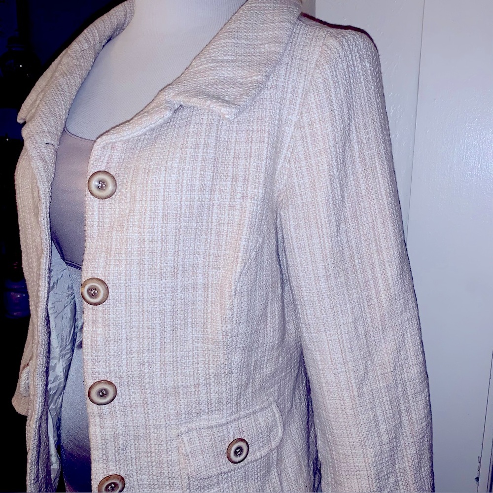 White House Black Market Cream Tweed Blazer 3/4 sleeves front pockets Sz 12